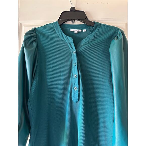 Chicos Faux Leather Balloon Sleeves Henley Top Peacock Size Large - Picture 4 of 7